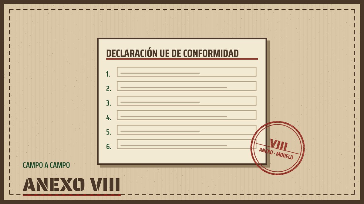 Documento de declaración UE de conformidad con sus campos numerados y sello rojo del anexo VIII, ilustración del modelo del anexo VIII