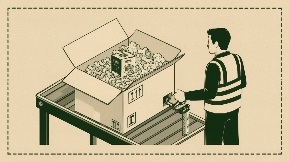 Caja de envío de comercio electrónico con espacio vacío excesivo alrededor de un pequeño producto.