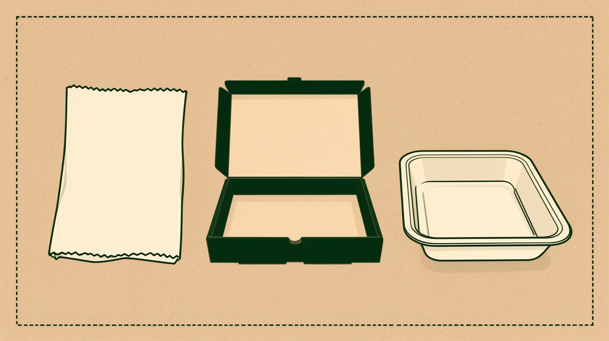 Papel antigrasa, una caja de pizza de cartón y una bandeja de fibra moldeada sobre una mesa de trabajo