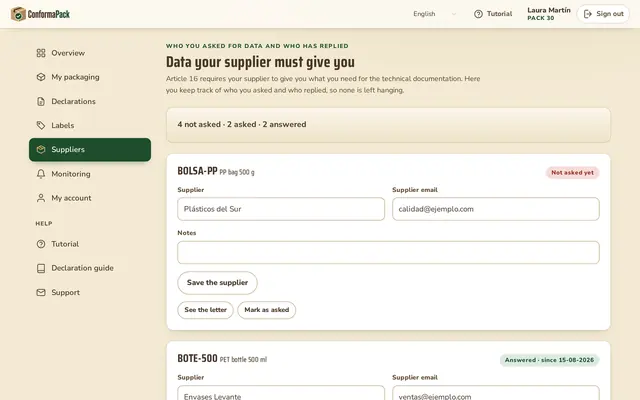 Suppliers — ConformaPack panel in English