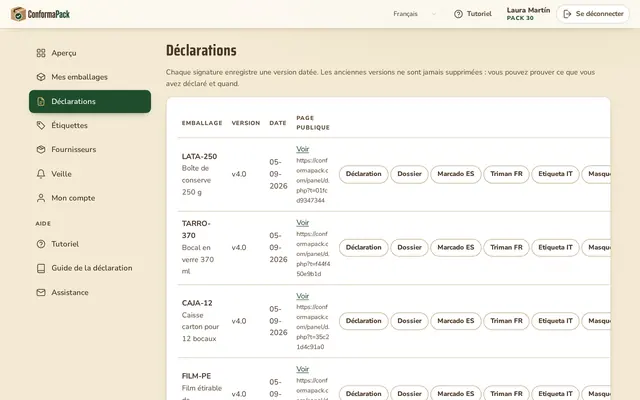 Déclarations — tableau de bord ConformaPack en français